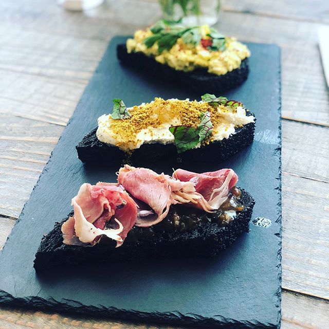 Name a better trio....we will wait! .
.
Farm House Toasts
.
Noble Spring’s chevre, truffled honey & pistachio
.
Farm egg salad & lovage
.
Spring onion jam & house cured ham