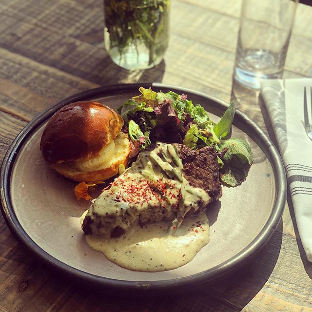 Check out our - GRASS-FED @kldfarm STEAK .
Butter braised with garlic scape au poivre, herbs, buttered Parker House roll
.
KLD  beef is USDA-inspected and 100% chemical free – they use absolutely no steroids, no growth hormones and no antibiotics of any kind. KLD cattle are grass-fed and grain-finished, and then dry-aged 14-18 days for superior quality and taste.